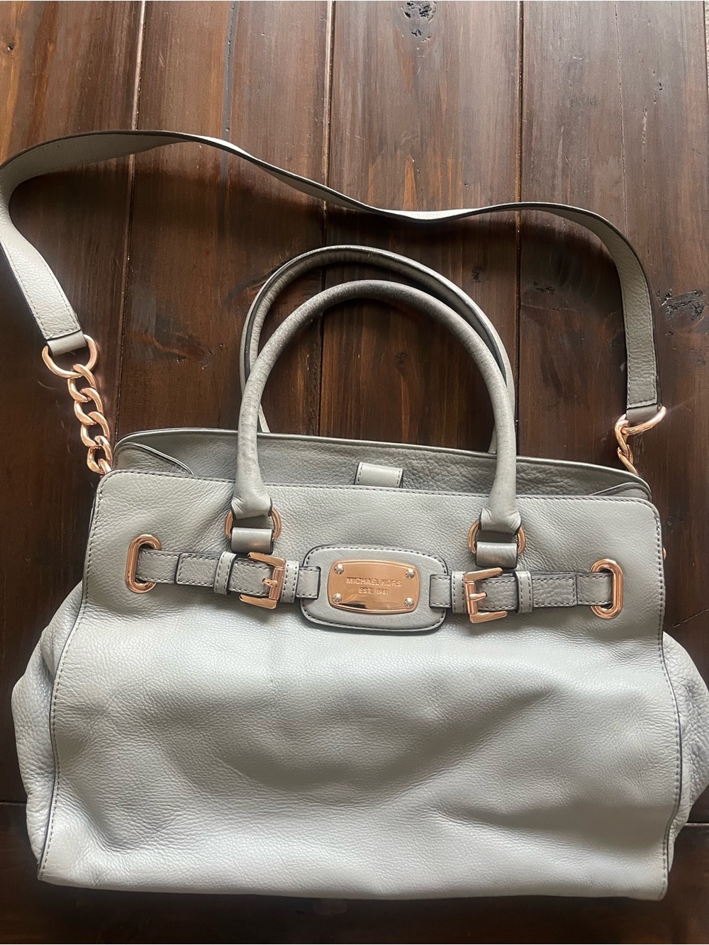 Michael Kors Light Gray Leather Satchel with Rose Gold Accents